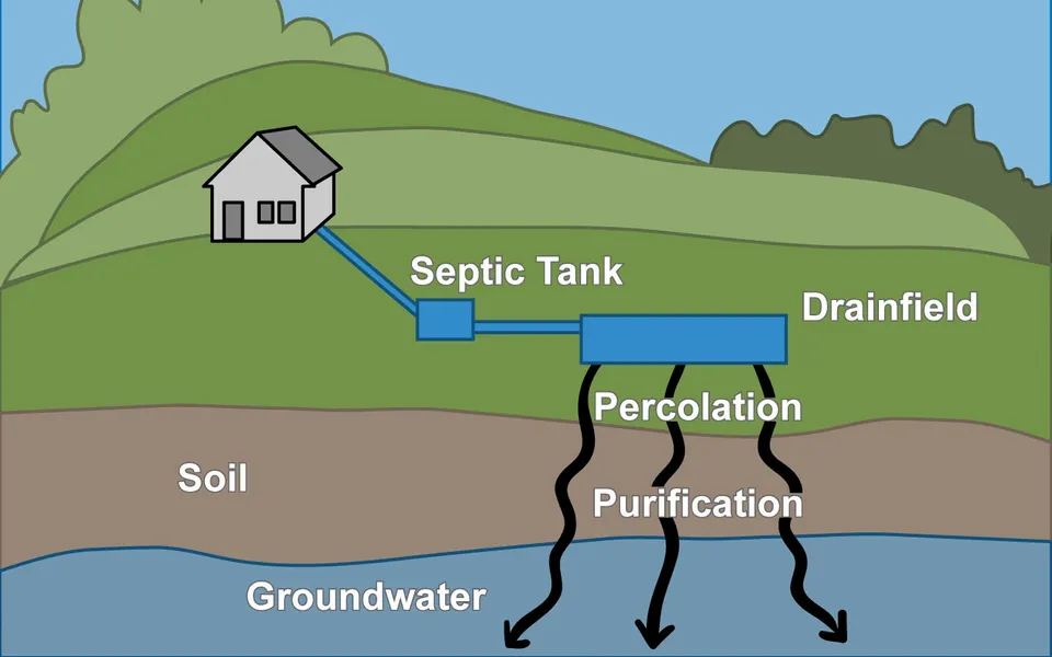 Illustrated drawing of a septic tank and drain-field