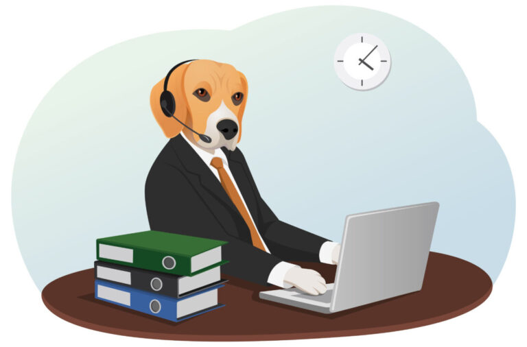 Animated image of a dog in a business suit with headphones and a computer